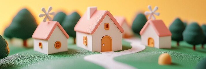 Fototapeta premium Miniature houses on a green hill with trees and a pathway.