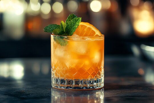 Orange cocktail, bar, ice, mint, garnish, nightlife, drinks menu, advertising