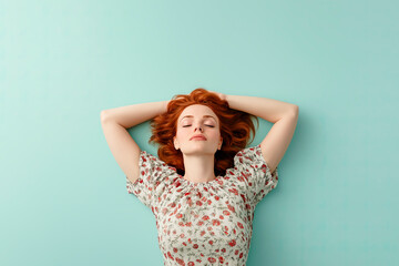 Naklejka premium Close-up of a red-haired girl lying on her back with a thoughtful look