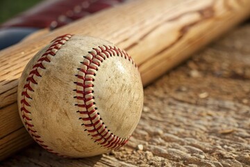 Close-Up of a Baseball and Bat on a Wooden Surface with Natural Textures and Lighting