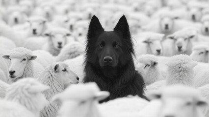 A lone black dog gazes forward, surrounded by a sea of fluffy white sheep in a striking contrast