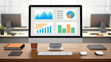 Naklejka premium a computer screen displaying data analytics with a blurred office background