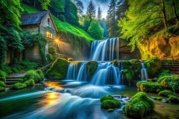 Fototapeta premium Welzheim's Laufenmühle Waterfall at night: low-light photography reveals its mystical German beauty.