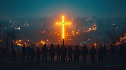 beacon of hope silhouettes of people looking at a cross on the background of the city