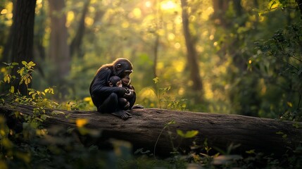 A chimpanzee mother tenderly cradles her infant on a forest log, bathed in the warm golden light of the setting sun.