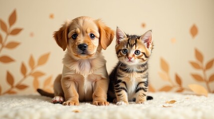 Adorable Puppy and Kitten Companionship A heartwarming image of a golden puppy and a striped kitten sitting together on a soft, fluffy surface, with a subtle autumnal background.