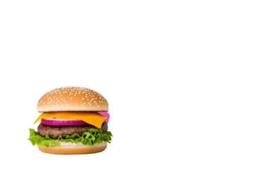 Street food burger with dripping cheese, bold colors, pop art style, isolated on white background	
