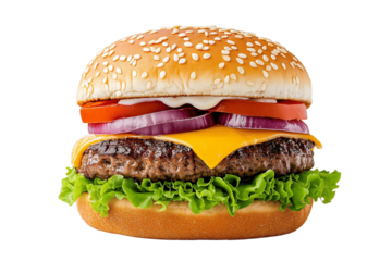 Street food burger with dripping cheese, bold colors, pop art style, isolated on white background	
