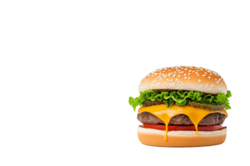 Street food burger with dripping cheese, bold colors, pop art style, isolated on white background	
