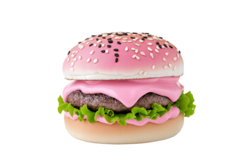 Street food burger with dripping cheese, bold colors, pop art style, isolated on white background	
