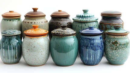 beautiful ceramic pots with lids collected from various perspectives and isolated on a white backgroun