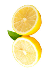 Yellow lemon fruits cut into two halves or pieces with green leaf in stack isolated on white background with clipping path
