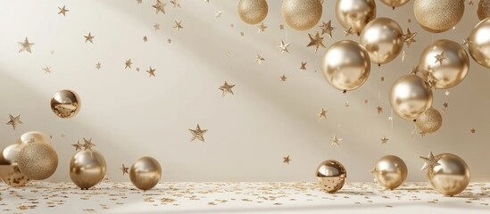 Obraz premium Golden decorative balls and stars cascading against a soft cream background with a light shadow effect, creating a festive atmosphere.