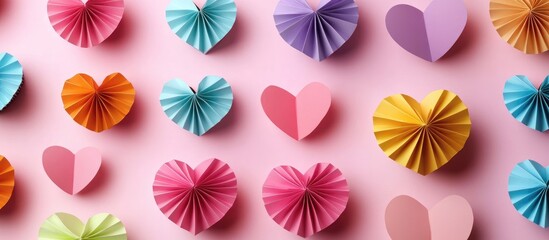 Obraz premium Colorful origami hearts in pastel shades arranged on a soft pink background with delicate folds showing depth and texture, creating a romantic vibe.