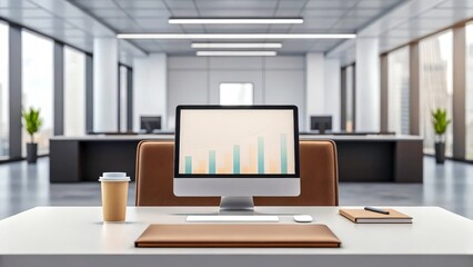 Modern office workspace with computer displaying a graph.  A minimalist desk with a coffee cup and notepad are neatly arranged.