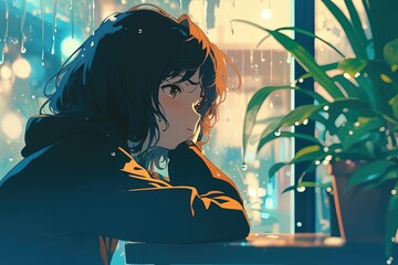 Girl watches rainy city lights from cafe window