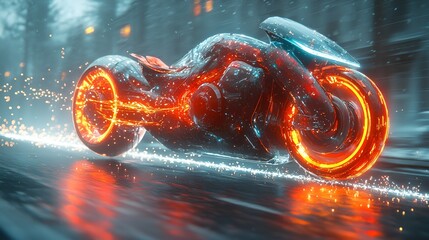 Futuristic motorcycle racing in a snowy city street. Possible stock photo use  background for a movie, video game, or design project