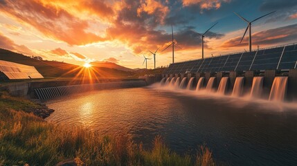 Sunset over hydroelectric dam, wind turbines, solar panels; renewable energy