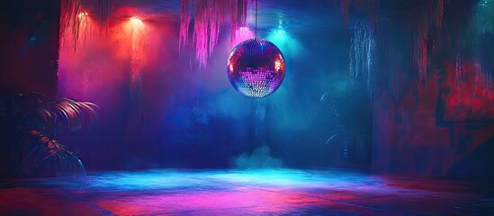 Fototapeta premium Vibrant hues of blue, pink, and red illuminate a vacant dance floor from a suspended disco ball casting dynamic reflections creating a lively ambiance