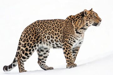 Fototapeta premium Striking Young Leopard in Profile Against a Soft White Background in Natural Habitat