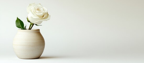 Elegant white rosebud in a classic beige ceramic pot positioned left against a soft white background highlighting simplicity and beauty.