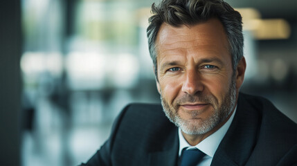 Fototapeta premium Confident Caucasian Businessman in a Dark Suit with a Well-Groomed Beard Sitting in a Modern Office, Representing Leadership, Success, and Professionalism