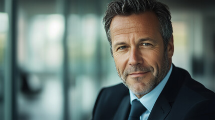 Fototapeta premium Confident Caucasian Businessman in a Dark Suit with a Well-Groomed Beard Sitting in a Modern Office, Representing Leadership, Success, and Professionalism