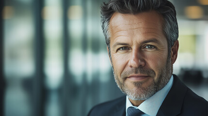Fototapeta premium Confident Caucasian Businessman in a Dark Suit with a Well-Groomed Beard Sitting in a Modern Office, Representing Leadership, Success, and Professionalism