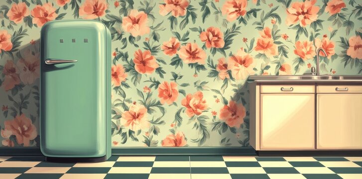 Vintage kitchen featuring floral wallpaper light blue smeg refrigerator