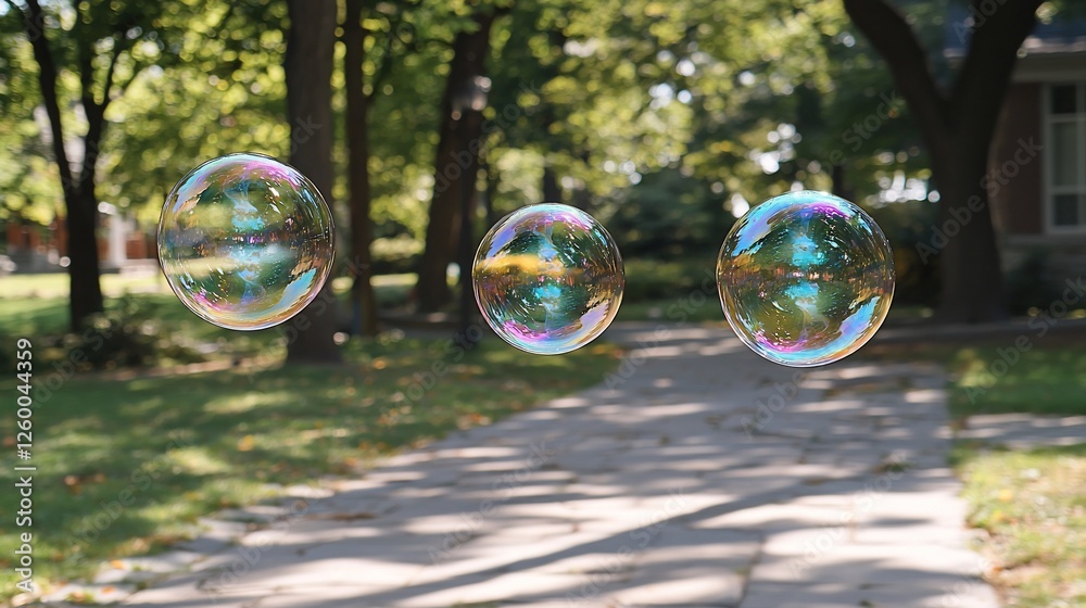 Aufkleber three soap bubbles float above park path