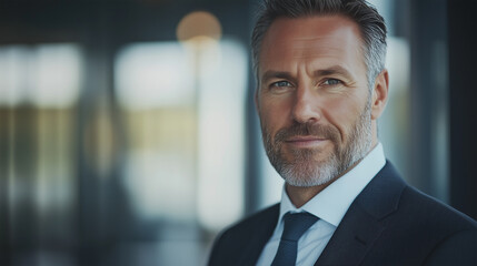 Fototapeta premium Confident Caucasian Businessman in a Dark Suit with a Well-Groomed Beard, Sitting in a Modern Office, Representing Success, Leadership, and Corporate Professionalism