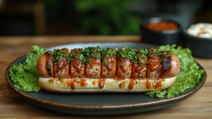 Grilled sausage hotdog, BBQ sauce, cafe, lunch