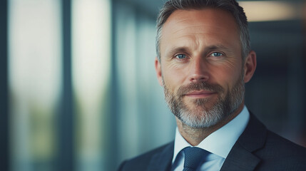 Confident Caucasian Businessman in a Dark Suit with a Well-Groomed Beard, Sitting in a Modern Office, Representing Success, Leadership, and Corporate Professionalism