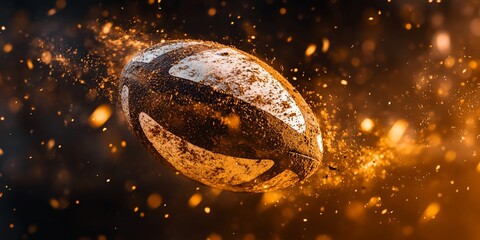A muddy rugby ball in motion, surrounded by sparks and dust.