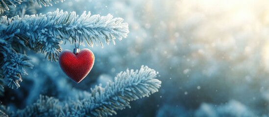 Solitary red heart ornament on frosted evergreen tree branch, soft focus, snowy background, gentle light enhancing winter serenity.