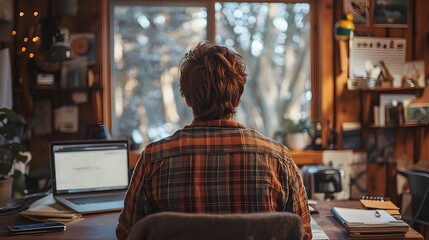 Obraz premium Back View of Person Working at Rustic Home Office Desk with Laptop and Nature Views