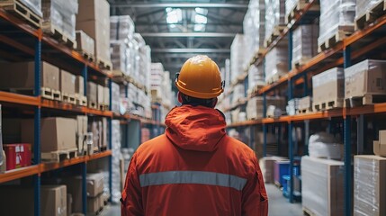 Fototapeta premium Man in Hardhat Working in Warehouse Logistics and Equipment