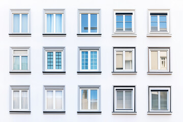 Fototapeta premium Set of building windows isolated on white background, Selective focus varies of outdoor modern window.