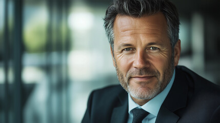 Fototapeta premium Confident Caucasian Businessman in a Dark Suit with a Well-Groomed Beard Sitting in a Modern Office, Representing Leadership, Success, and Professionalism