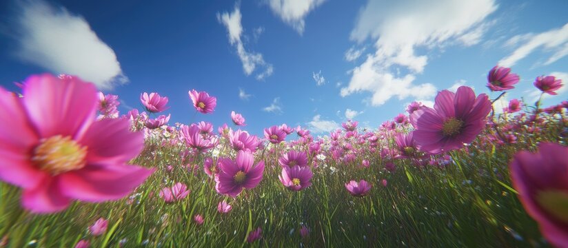 Vibrant pink cosmos flowers in a lush green field captured from a low angle perspective against a bright blue sky with fluffy white clouds