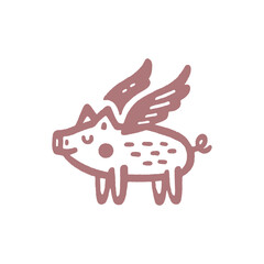Hand-drawn monochrome line art of a flying pig with wings