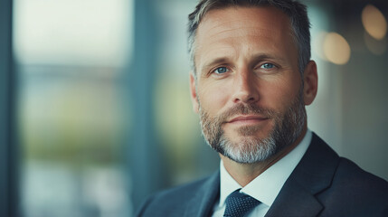 Naklejka premium Confident Caucasian Businessman in a Dark Suit with a Well-Groomed Beard, Sitting in a Modern Office, Representing Success, Leadership, and Corporate Professionalism