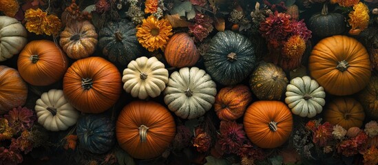 Panoramic autumn backdrop featuring assorted pumpkins in orange, white, and teal, surrounded by vibrant flowers against a dark setting from above.