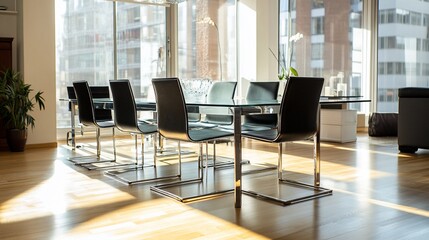 Fototapeta premium Modern glass dining table with black chairs in sunlit room.