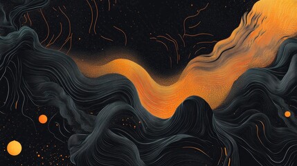 Abstract landscape featuring flowing lines in black and orange hues