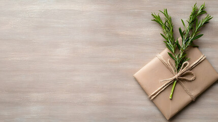 Rustic gift wrapped in brown paper with rosemary sprig on wooden background; ideal for holiday or celebration cards