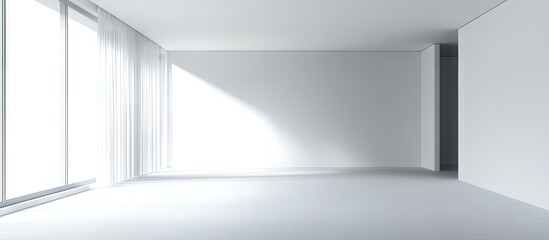 Minimalist studio apartment with a white and grey color palette featuring large windows casting soft shadows on the clean, uncluttered floor.