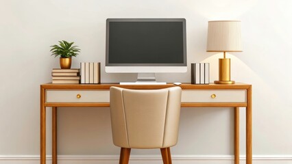 a modern home office workspace with a computer monitor, a desk lamp, books, and a houseplant. The desk is made of wood and has two drawers. There is a chair with a leather seat.