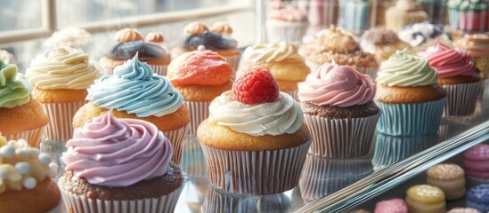 Vibrant display of colorful cupcakes in a glass case against a bright background featuring pastel frosting and decorative toppings.