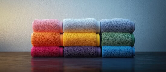 Vibrant stacked fitness towels in shades of pink, orange, yellow, green, blue, and white arranged neatly on a dark surface showcasing organization and functionality